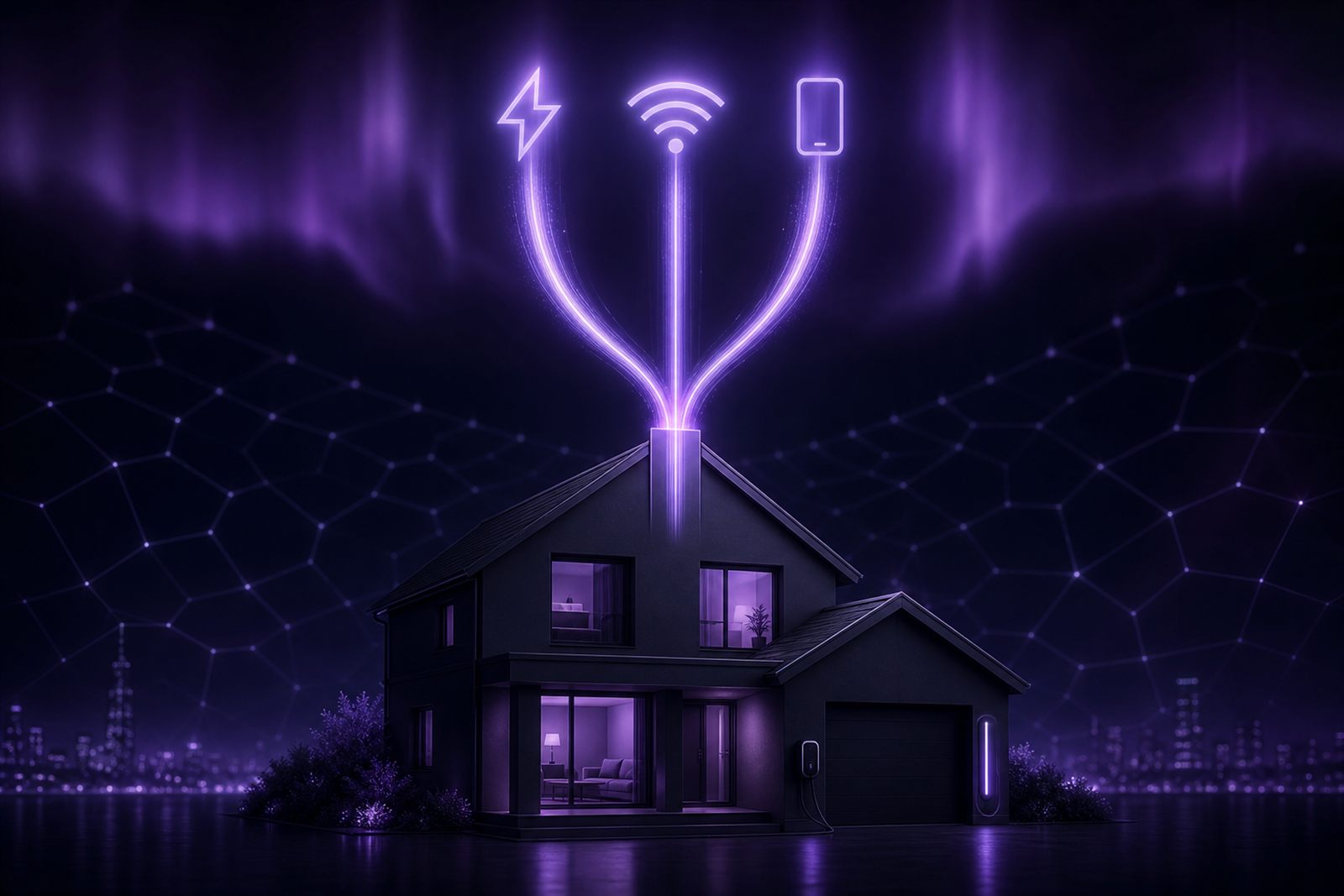 A stylised dark house with three glowing violet light beams entering from above (energy, broadband, mobile) converging into a single bundled connection.