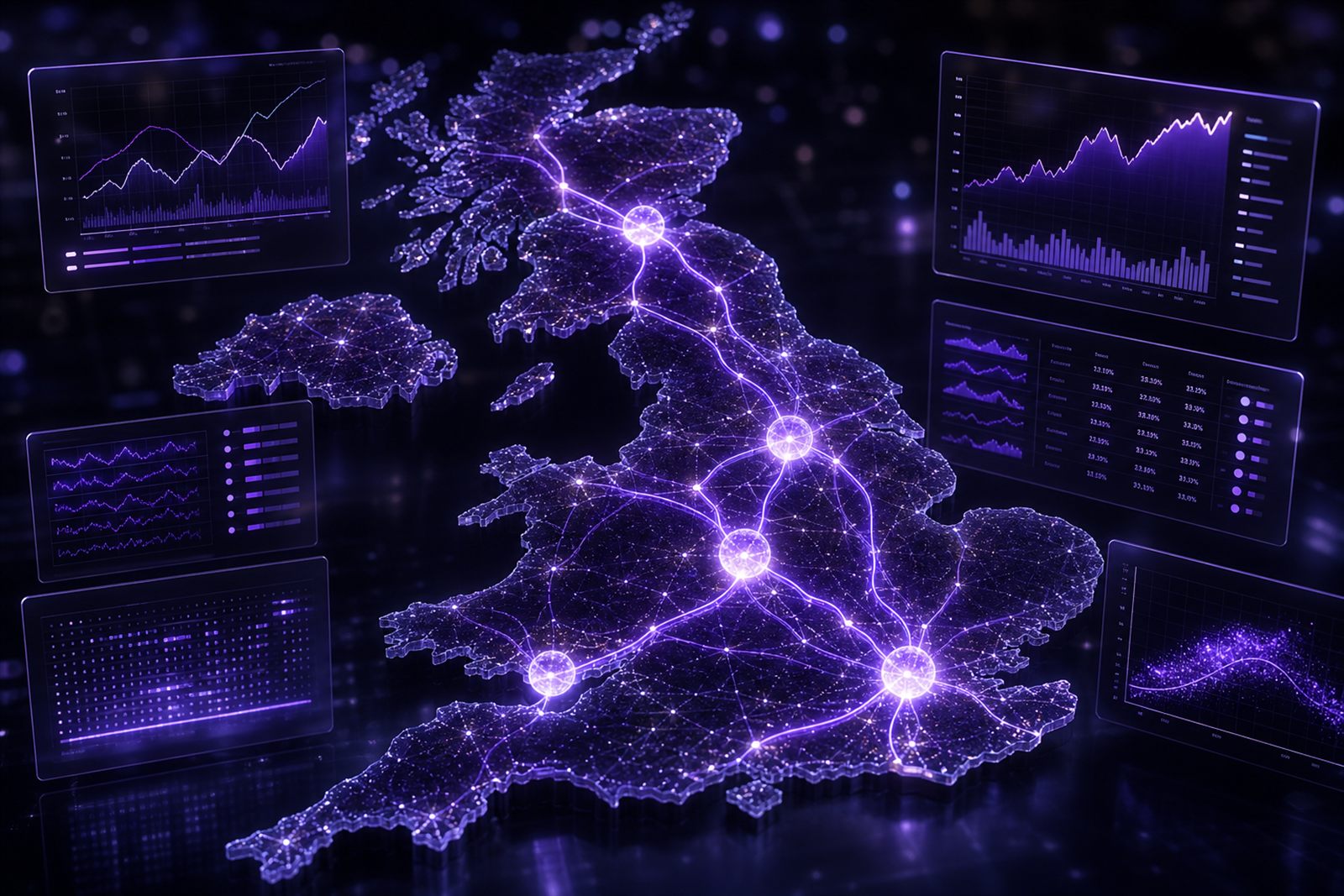 Translucent 3D UK map with neon violet fibre routes connecting glowing data points at major cities, surrounded by floating glass dashboards showing line charts and tabular percentages, dark indigo background